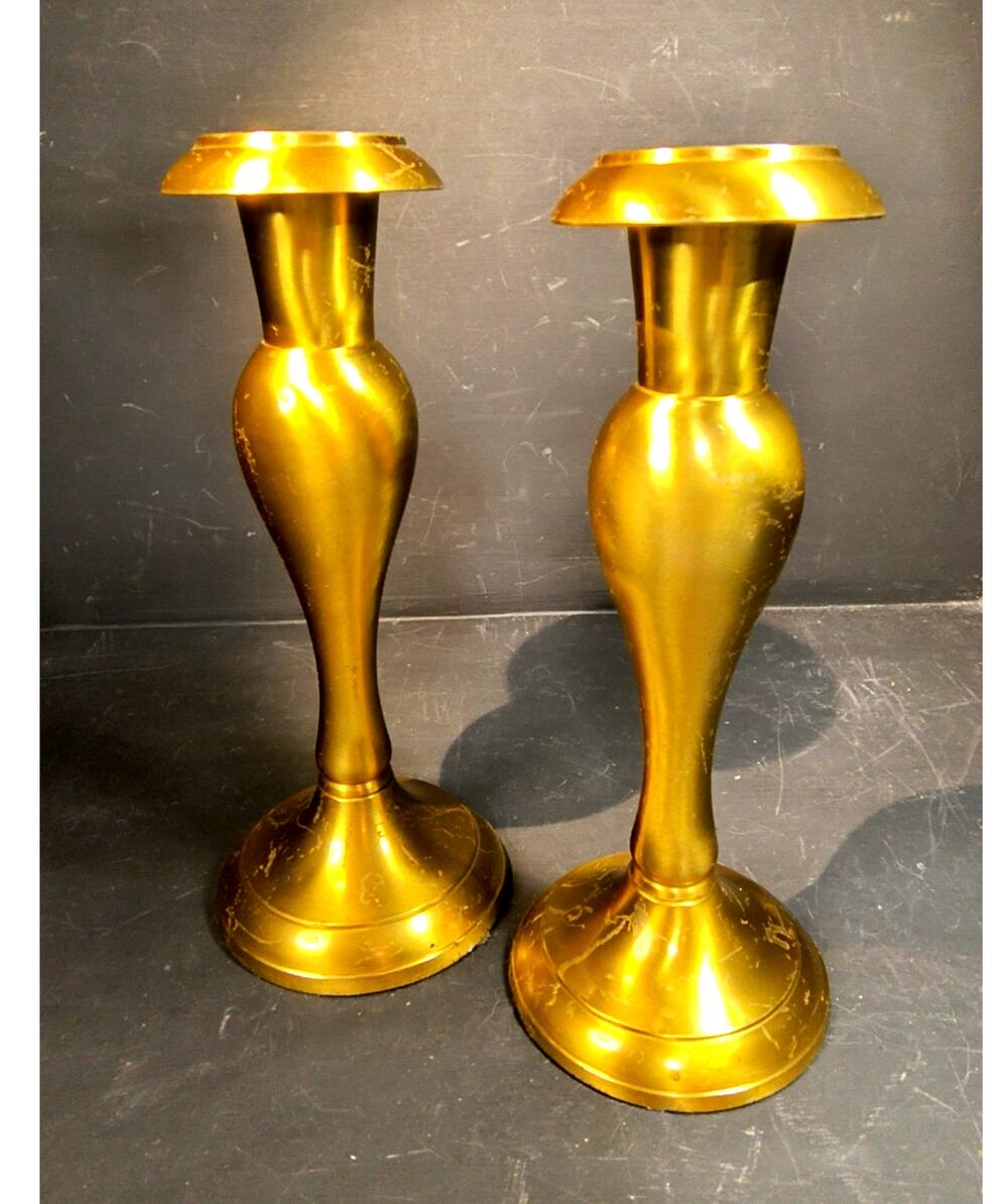 2205. Vintage Brass Candlestick Holders Set 2 MCM Hourglass Gourds Shape India